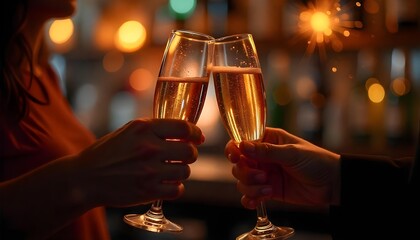 Two celebrants clink champagne flutes at a bar, immersed in the festive spirit of New Year's Eve with sparkling decorations