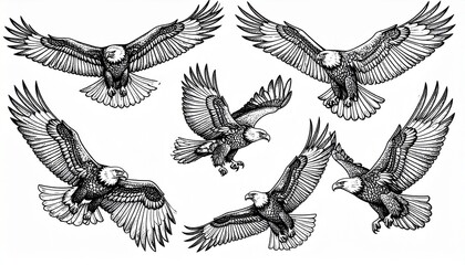 majestic bald eagles flying sketch collection