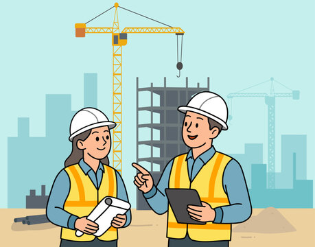 Construction Engineers Discussing Project with Crane in Background Vector Illustration