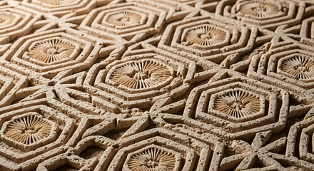 A detailed close-up view of a light beige stone surface, intricately carved with repeating hexagonal patterns and radial designs.