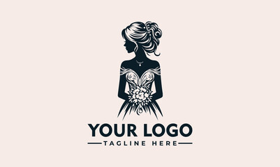 Silhouette of a bride in a wedding dress holding a bouquet, elegant design.