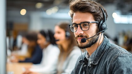 A focused young man with glasses and a headset engages in a call center environment, surrounded by colleagues working at computers.