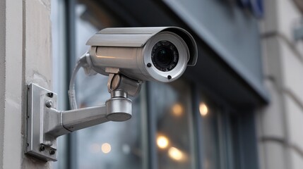 A security camera mounted on a wall, monitoring the area with a sleek, metallic design, highlighting surveillance technology in urban environments.