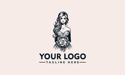 Illustration of a woman in a dress holding flowers, presented as a logo design concept.