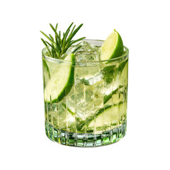 Refreshing gin cocktail with cucumber, lime, and rosemary garnish against black backdrop