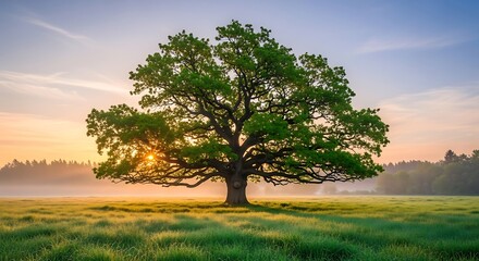 Majestic Oak Bathed in Golden Sunrise Light, Foggy Meadow Landscape