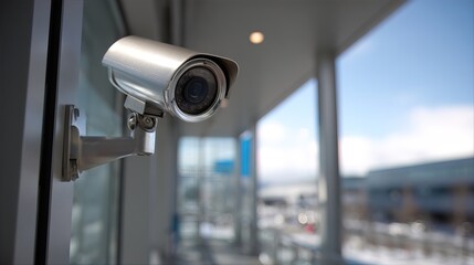 A sleek security camera mounted indoors, focusing on a bright, modern corridor with natural light filtering through large windows.