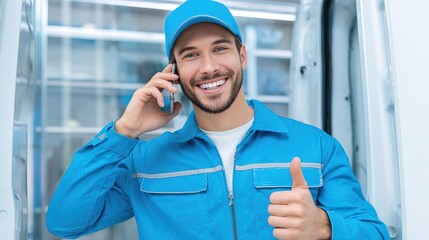 A smiling man in a blue uniform is talking on the phone while giving a thumbs-up, suggesting positive communication and service.