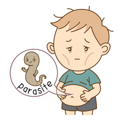 Man was stomach bloating due to parasites, illustration cartoon on  white background