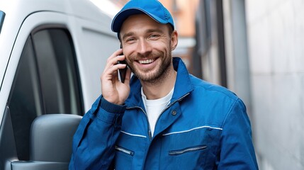 A smiling man in a blue uniform talks on his phone next to a van, exuding a friendly and professional demeanor.