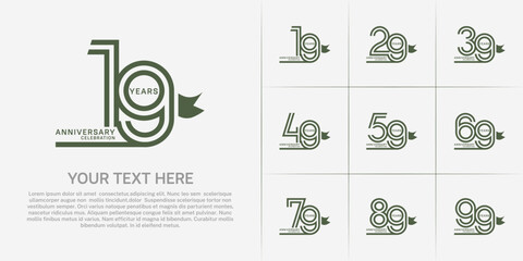 Anniversary logo style double line number set with ribbon. green color on white background for celebration event