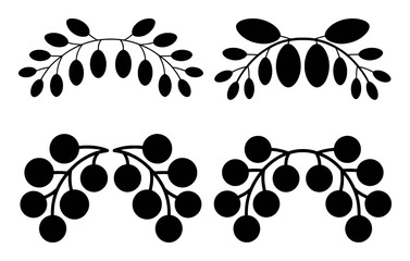 Black Silhouette of Leaf and Berry Branches as Decorative Elements