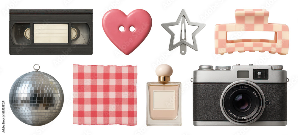 Wall mural png retro objects with nostalgic charm, element set on transparent background
