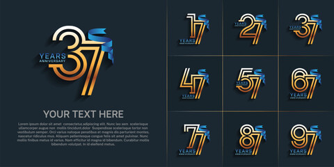 Anniversary logo style double line number set. golden color and blue ribbon for celebration event