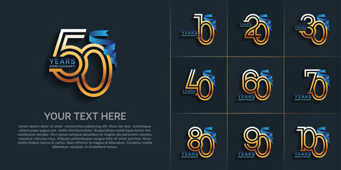 Anniversary logo style double line number set. golden color and blue ribbon for celebration event