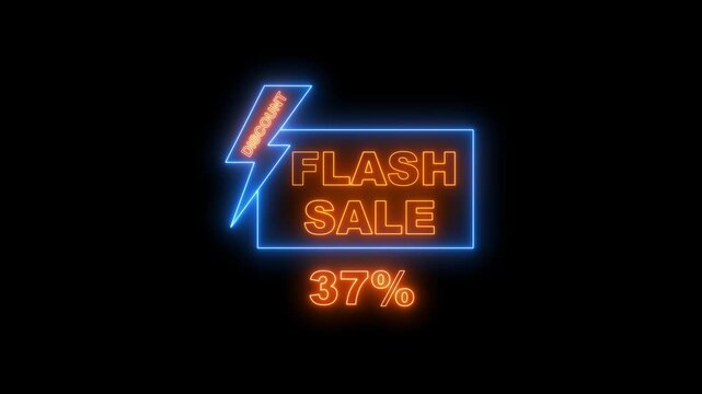 Neon Flash Sale Discount 37 Percent Sign With Lightning Bolt On Black Background image photo