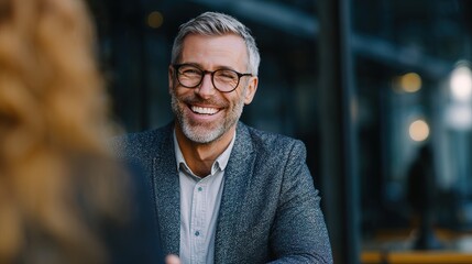 A smiling man with glasses and a stylish blazer enjoys a conversation in a modern setting, radiating confidence and approachability.