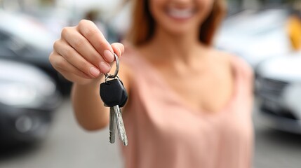 A woman smiles while holding car keys, likely indicating a successful purchase or rental in a parking lot filled with vehicles.