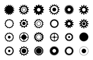 Collection of Black and White Gear Icons on a White Background