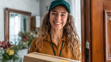 A cheerful delivery person stands at the door, holding a package and smiling warmly, conveying a friendly and welcoming atmosphere.