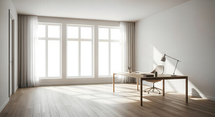 Bright and Clean Empty Office Space with Large Windows and Minimalist Design, Bathed in Natural Light for a Productive Work Environment