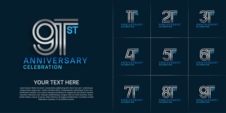 Anniversary logo style double line number set. silver and blue color on blue background for celebration event - Powered by Adobe