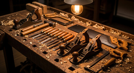 Woodworking tools on a wooden workbench