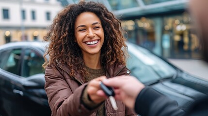 A smiling woman receives car keys, showcasing a joyful moment related to vehicle ownership or rental in an urban setting.