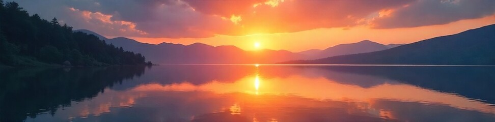 Serene sunrise over a tranquil lake, reflecting spiritual awakening and inner peace Ideal for meditation, yoga, mindfulness, and spiritual growth themes , vibrant colors, faith, spirit