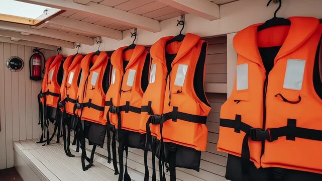 A row of bright orange life jackets neatly hung for safety on a boat.