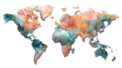 Watercolor World Map Illustration Depicting Global Geography with Artistic Brushstrokes and Earth Tone Color Palette