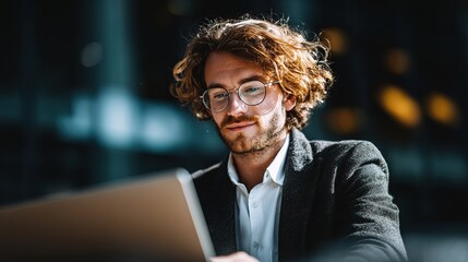A focused young man with curly hair and glasses works on a laptop in a modern environment, radiating concentration and engagement.