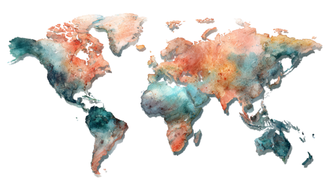 Watercolor World Map Illustration Depicting Global Geography with Artistic Brushstrokes and Earth Tone Color Palette