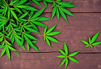 Obraz premium Vibrant green hemp leaves scattered on rustic wood, cannabis, organic