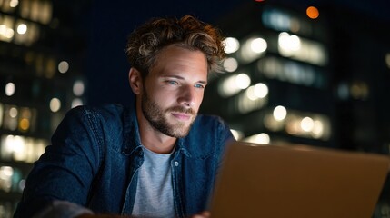 A focused man works late at night on a laptop, illuminated by city lights, showcasing a blend of concentration and modern urban life.