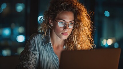 A focused woman with curly hair works on a laptop, illuminated by soft light, in a cozy indoor environment.