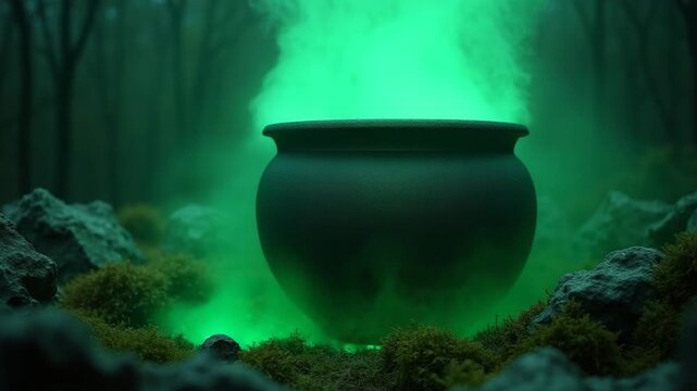 Mysterious green potion bubbles in a dark forest cauldron.