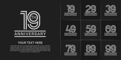 Anniversary logo style double line number set. white color on black background for celebration event