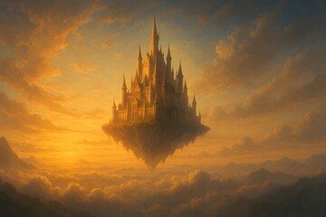 A majestic fairytale castle floating high in the sky on a celestial island, bathed in the warm, golden light of a divine sunset
