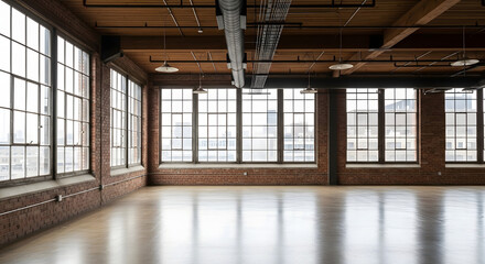 Vast empty office space in a contemporary loft with natural light streaming through large windows, showcasing polished floors and exposed brick