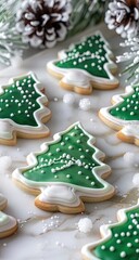 Festive green Christmas tree cookies decorated with white icing and sprinkles on a marble surface