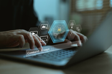 Using AI tools for content creation, multimedia production, and coding workflow, showing hands typing on laptop with icons of artificial intelligence, creative assets, and digital automation.
