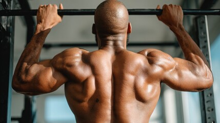 A muscular person performs a pull-up, showcasing strength and fitness in a gym environment.