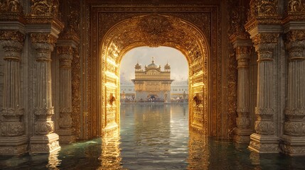 A stunning view of a golden temple through an ornate archway, reflecting in the serene water below, creating a peaceful and spiritual atmosphere.