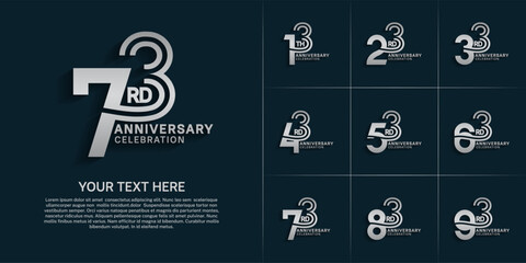 Anniversary logo style double line number set. silver color on blue background for celebration event