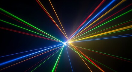 Colorful laser beams radiate outward from a central point against a deep black background.
