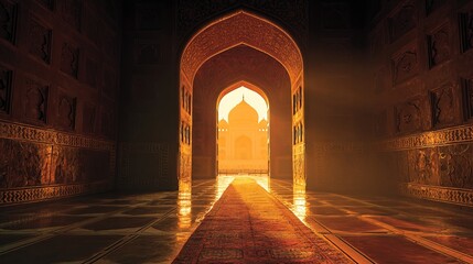 A stunning view of the Taj Mahal through an intricately designed archway, illuminated by warm sunlight, creating a serene and majestic atmosphere.