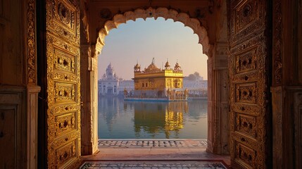 A stunning view of a golden temple reflecting in serene waters, framed by intricately designed wooden doors at sunrise.