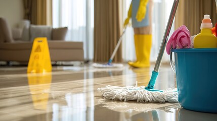 A person cleans a shiny floor with a mop, surrounded by cleaning supplies in a bright, modern room, emphasizing cleanliness and organization.