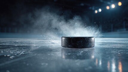 A frozen hockey puck is captured mid-action on the ice, surrounded by a spray of ice particles, highlighting the intensity of the game.